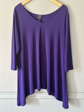 Clara Sun Woo Purple Asymmetrical Tunic Top Stretch Knit 3/4 Sleeve XL